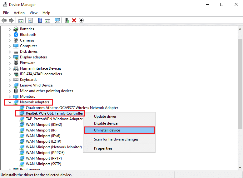 Haga clic con el botón derecho en el controlador Ethernet Realtek PCIe Family y seleccione Desinstalar en el menú