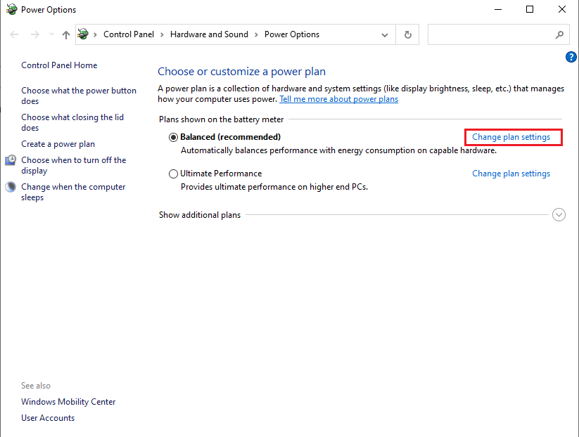 Haga clic en Cambiar la configuración del plan | Arreglar la tartamudez de audio en Windows 10