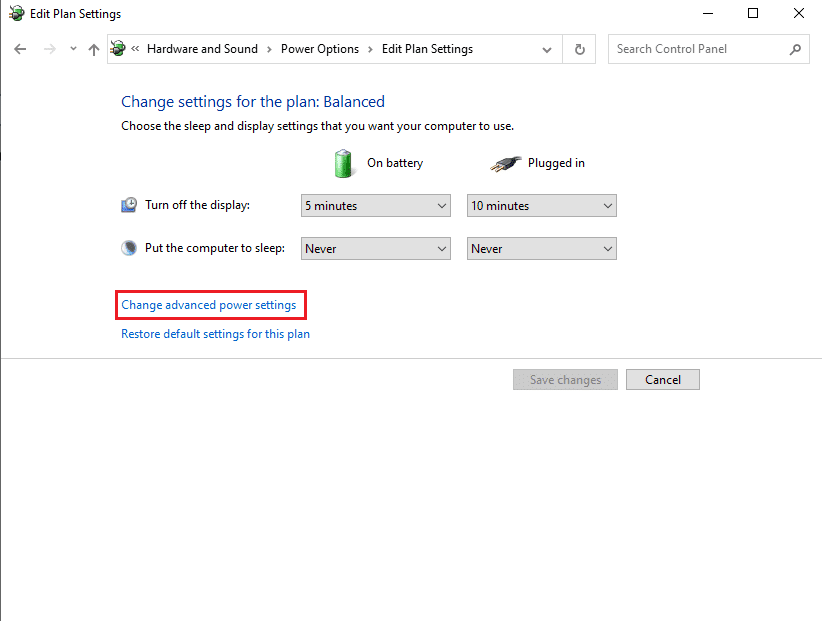 Haga clic en Cambiar la configuración avanzada de energía | Arreglar la tartamudez de audio en Windows 10