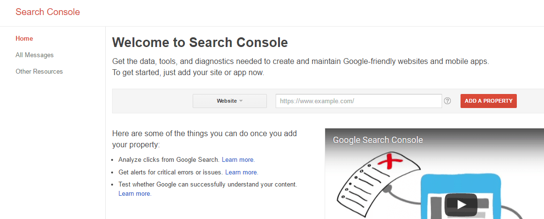 pantalla de inicio de la consola de búsqueda de google