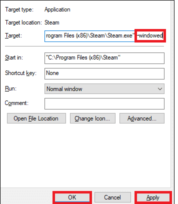 Agregue una ventana después del directorio de instalación del juego.  ¿Cómo abro los juegos de Steam en modo ventana?