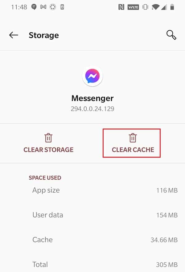 Toque Borrar caché para borrar los datos de caché pertenecientes a Messenger