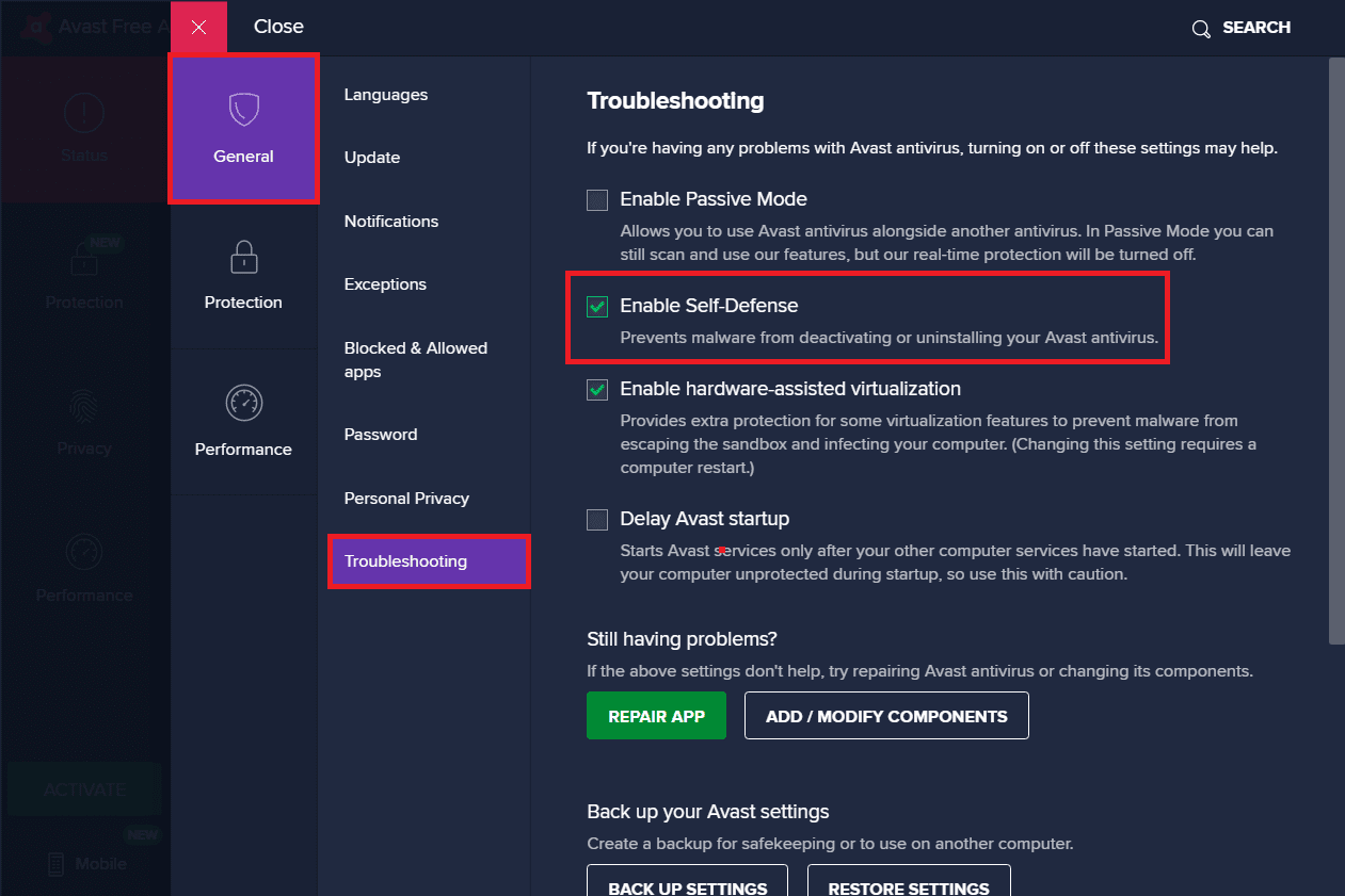 Deshabilite la autodefensa desmarcando la casilla junto a 'Habilitar autodefensa'