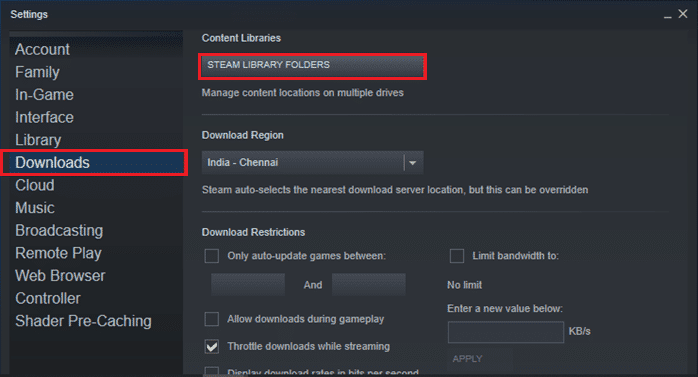 Ahora, haga clic en Descargas en el panel izquierdo y seleccione CARPETAS DE BIBLIOTECA DE STEAM en Bibliotecas de contenido.