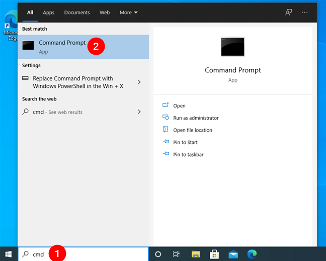 Busque cmd para abrir el símbolo del sistema en Windows 10