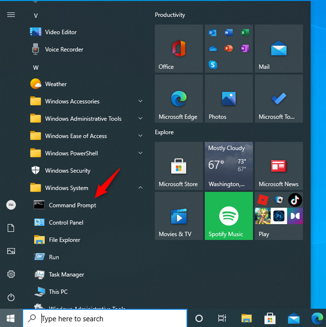 Cómo abrir el símbolo del sistema desde el menú de inicio de Windows 10
