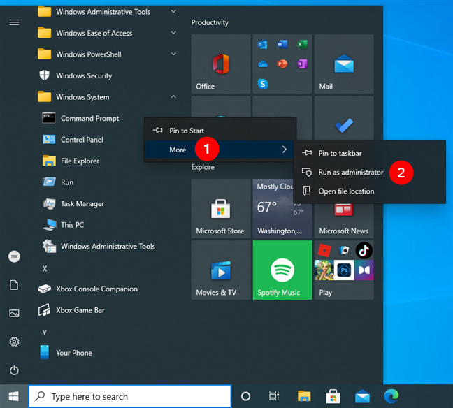 Símbolo del sistema Ejecutar como administrador en el menú Inicio de Windows 10