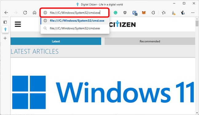 La URL del símbolo del sistema en Microsoft Edge