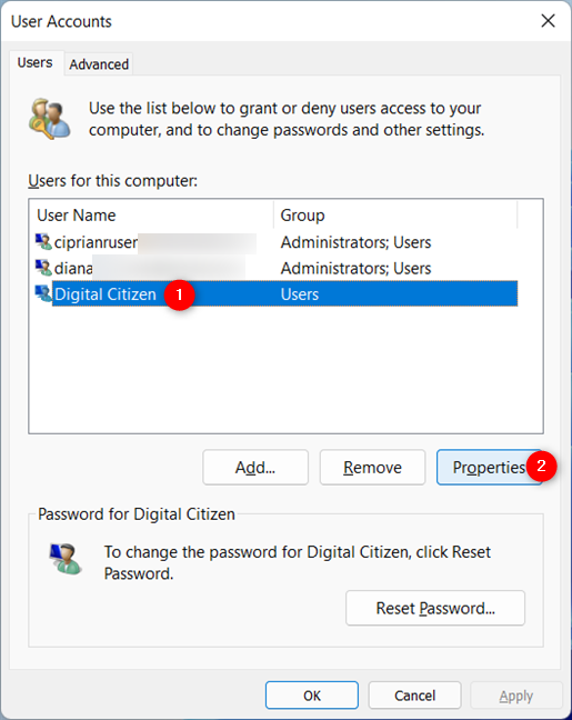 Abra las Propiedades de la cuenta que desea promover o degradar