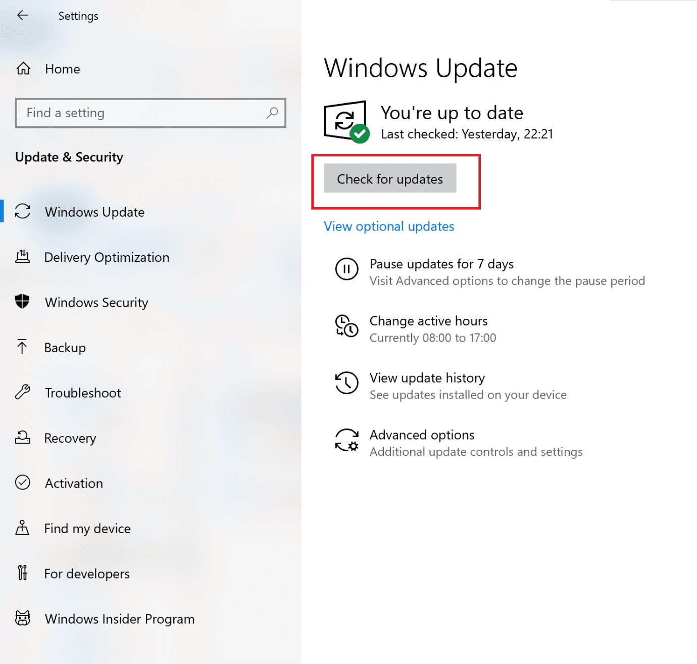 haga clic en buscar actualizaciones para instalar actualizaciones de Windows.  Corrija la existencia de recursos insuficientes del sistema para completar el error de la API