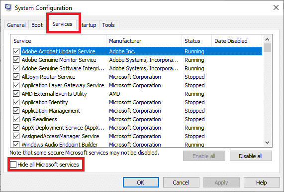 Marque la casilla Ocultar todos los servicios de Microsoft