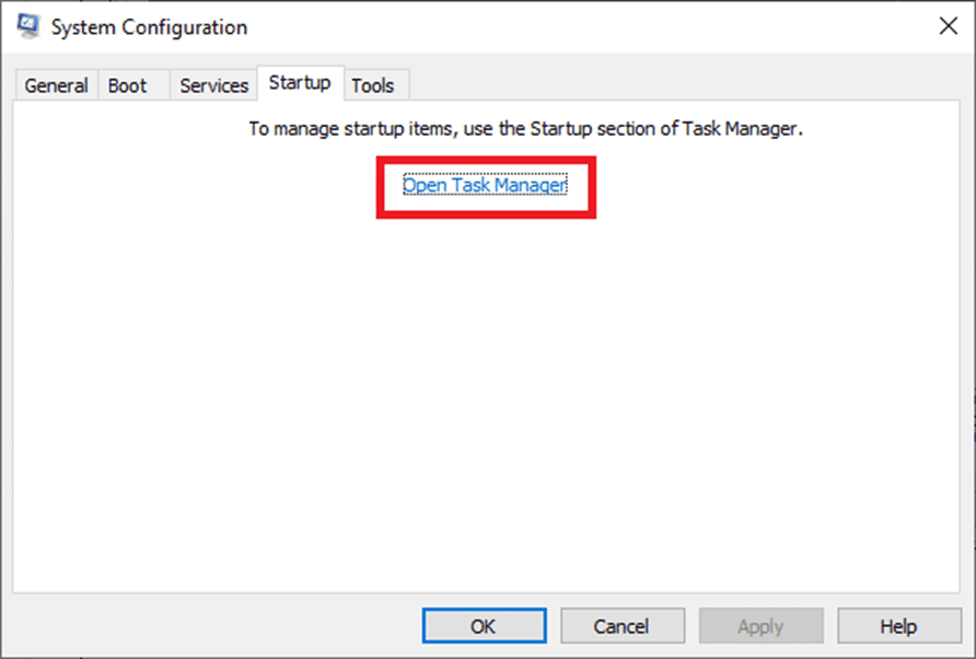 Ahora, cambie a la pestaña Inicio y haga clic en el enlace para Abrir el Administrador de tareas |  Windows 10: Cómo corregir la existencia de recursos insuficientes del sistema para completar el error de la API