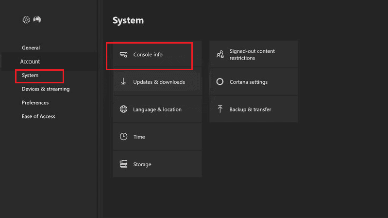 Seleccione Información de la consola. Solucionar el error de Xbox Live 8015190e