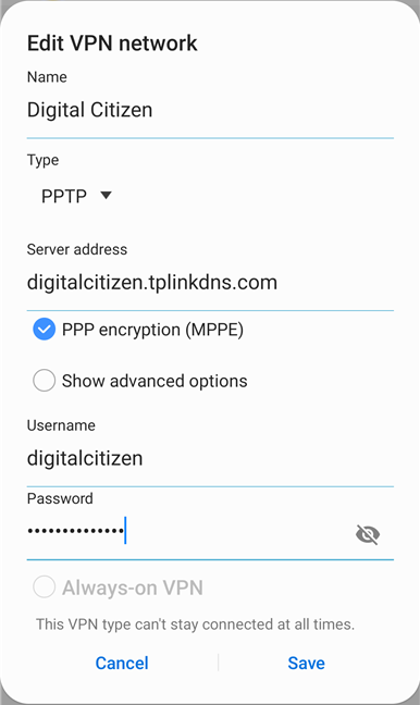 Wprowadź szczegóły połączenia VPN