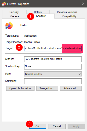Atajo de Firefox para abrir una ventana privada