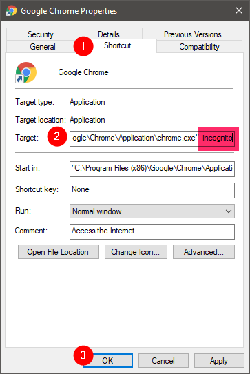 Acceso directo de Chrome para abrir una ventana privada