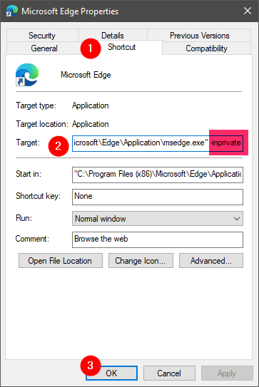 Acceso directo de Microsoft Edge para abrir una ventana privada