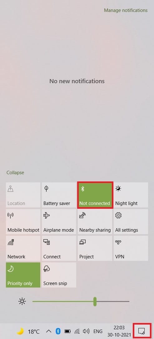 Abra el panel de notificaciones desde la barra de tareas y haga clic en el botón Bluetooth para habilitarlo | Cómo cambiar el nombre del dispositivo Bluetooth en Windows 10