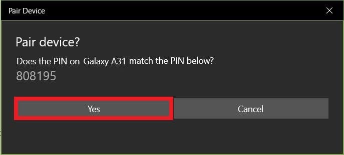 Después de tocar Emparejar, también verá una solicitud de emparejamiento de Bluetooth similar en su PC. Haga clic en Sí para confirmarlo.