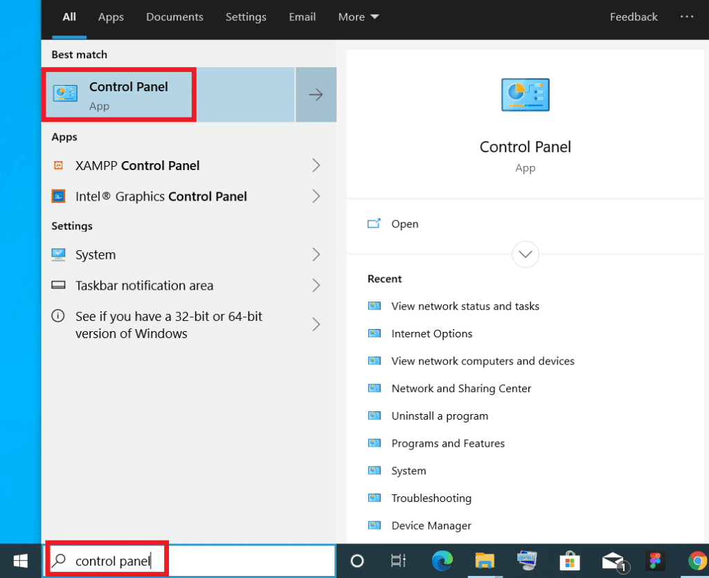 abra el Panel de control buscándolo en el Panel de búsqueda de Widows | Cómo cambiar el nombre del dispositivo Bluetooth en Windows 10