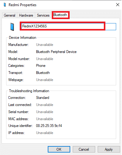 Aparecerá una nueva ventana, donde debajo de la pestaña Bluetooth, verá el nombre predeterminado de su dispositivo conectado