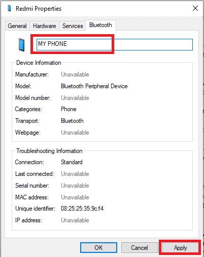 cambie el nombre del dispositivo Bluetooth y haga clic en Aplicar para guardar los cambios.