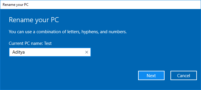 Escriba el nombre que desee en el cuadro de diálogo Renombrar su PC | Cambiar el nombre de los dispositivos Bluetooth en Windows 10