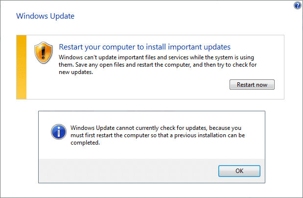 Arreglar Reinicie su computadora para instalar actualizaciones importantes bucle infinito