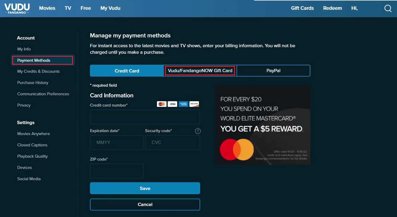 haga clic en Métodos de pago - Tarjeta de regalo Vudu/FandangoNOW