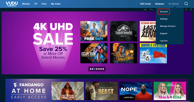 Vaya al sitio web de Vudu y haga clic en Hola, [you name]!  - Cuenta