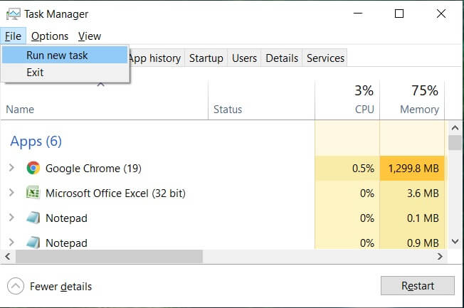 Haga clic en Archivo y seleccione Ejecutar nueva tarea