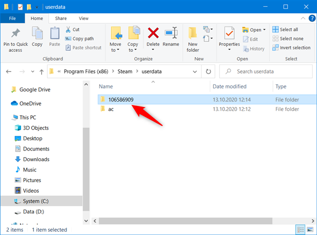La carpeta de la cuenta de usuario de Steam