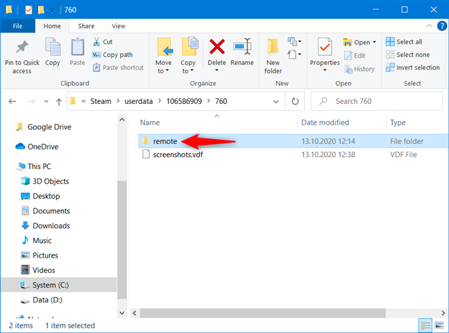 Abriendo la carpeta remota de Steam