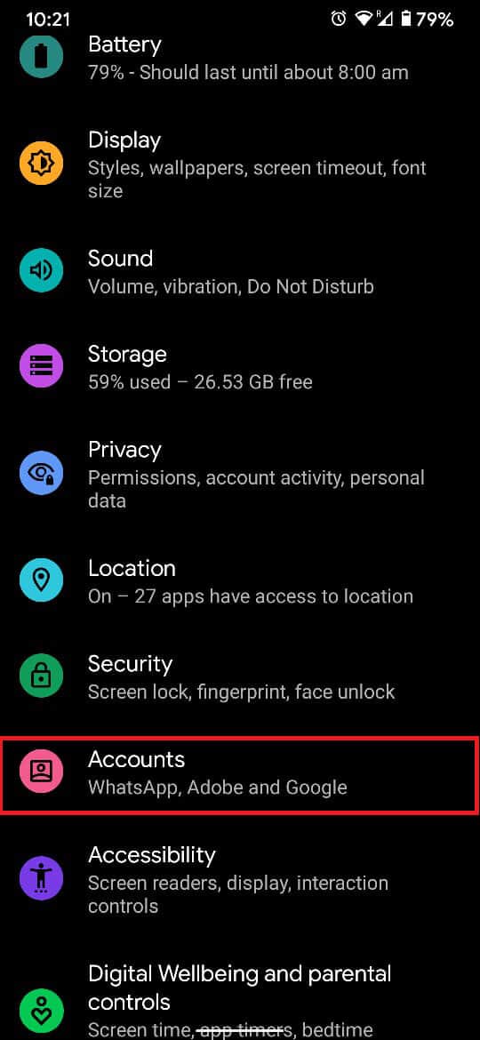 desplácese hacia abajo y toque 'Cuentas' para continuar. | Cómo eliminar una cuenta de Google de su dispositivo Android
