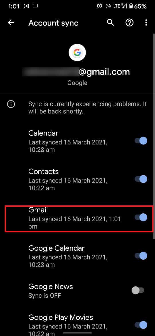 Apague el interruptor de palanca frente a la opción de Gmail. | Cómo eliminar una cuenta de Google de su dispositivo Android