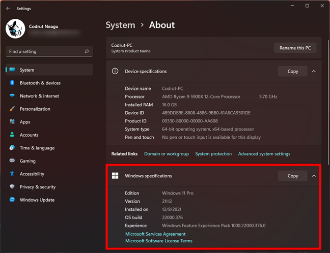 Especificaciones de Windows en la aplicación Configuración