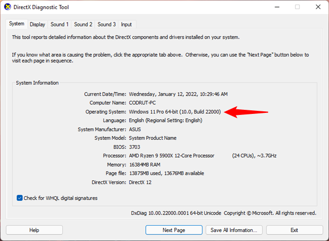 Información del sistema operativo en la herramienta de diagnóstico de DirectX