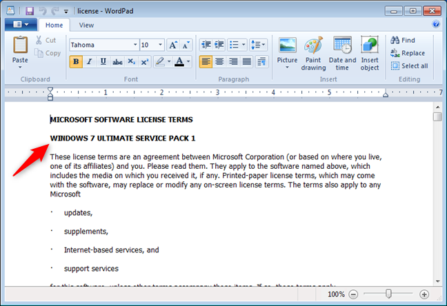 license.rtf que muestra que tiene Windows 7