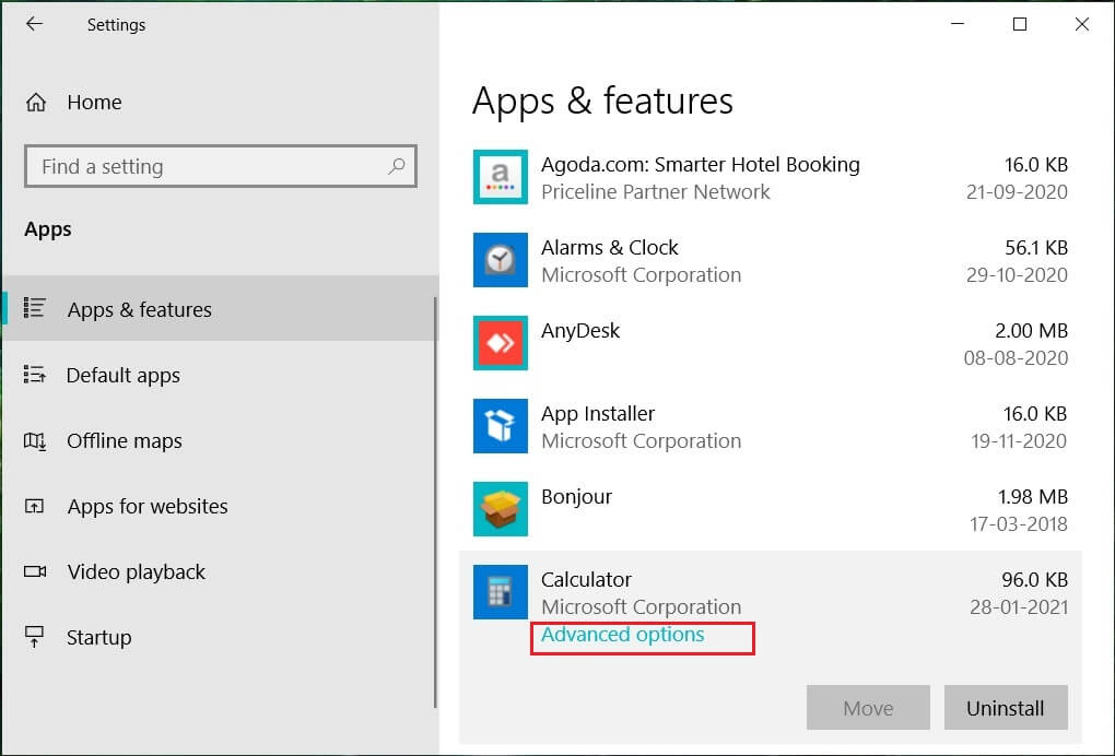 Haga clic en la aplicación y luego haga clic en Opciones avanzadas