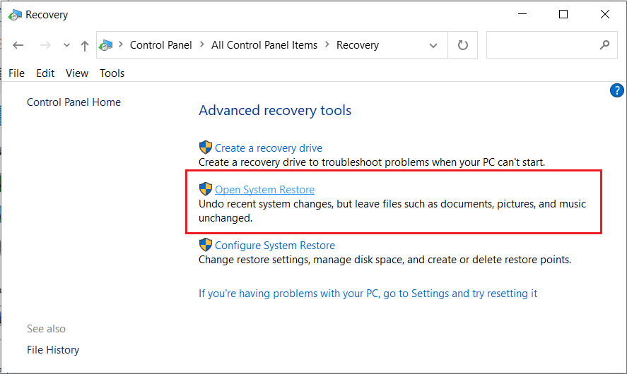 Haga clic en Restaurar sistema abierto en Recuperación |  Reparar la calculadora que no funciona en Windows 10