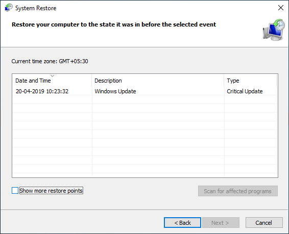 Seleccione el punto de restauración |  Reparar la calculadora que no funciona en Windows 10