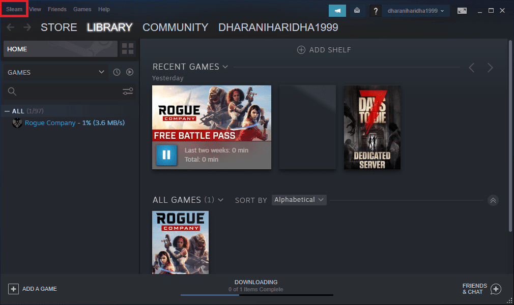 Inicie la aplicación Steam en su sistema y seleccione la opción Steam en la esquina superior izquierda de la pantalla.
