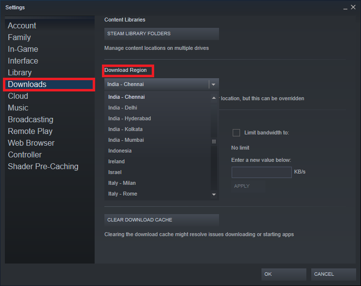Haga clic en la sección titulada Región de descarga para revelar la lista de servidores que Steam tiene en todo el mundo.  Arreglar la actualización de Steam atascada