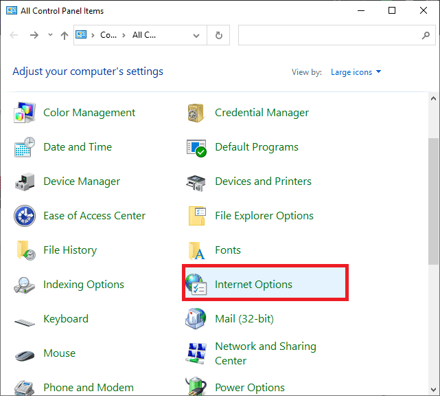 Ahora, configure Ver por como iconos grandes y desplácese hacia abajo y busque Opciones de Internet.  Arreglar Steam que no descarga juegos