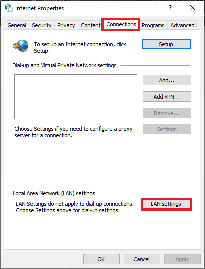 Ahora, cambie a la pestaña Conexiones y haga clic en Configuración de LAN.  Arreglar Steam que no descarga juegos