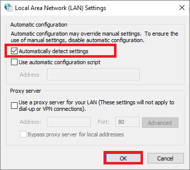 Ahora, asegúrese de que la casilla Detectar configuraciones automáticamente esté marcada.  Si no está marcado, habilítelo y haga clic en Aceptar