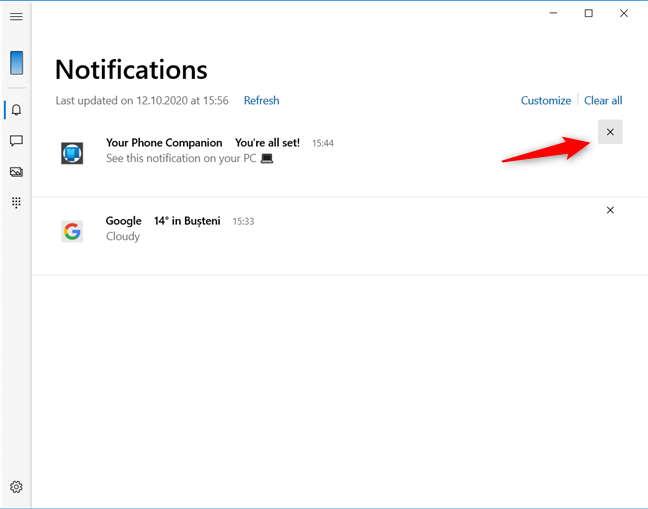 Borrar una notificación de la aplicación Windows 10 Your Phone