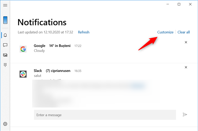 Elegir personalizar las notificaciones recibidas de la aplicación Your Phone