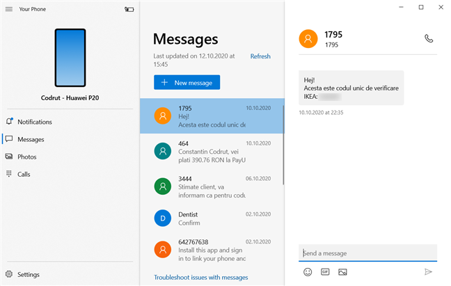 Mensajes de texto en la aplicación Windows 10 Your Phone