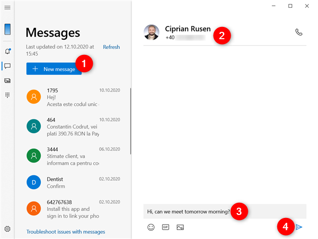 Enviar un mensaje de texto desde Windows 10